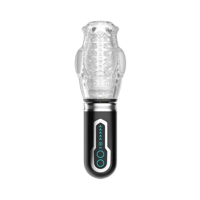 Adam & Eve Gawk Gawk 3.0 automatic clear stroker upright front view with black control handle