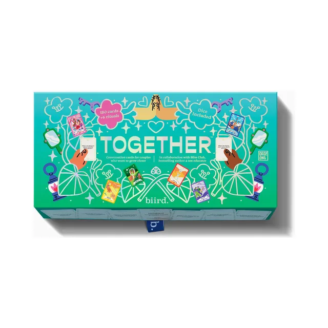 Closed teal Biird Together card game box with illustrated lid