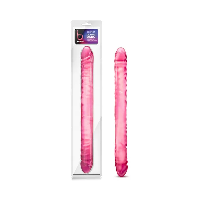 B Yours Pink 18 Inch Double Dildo beside clear hanging retail package