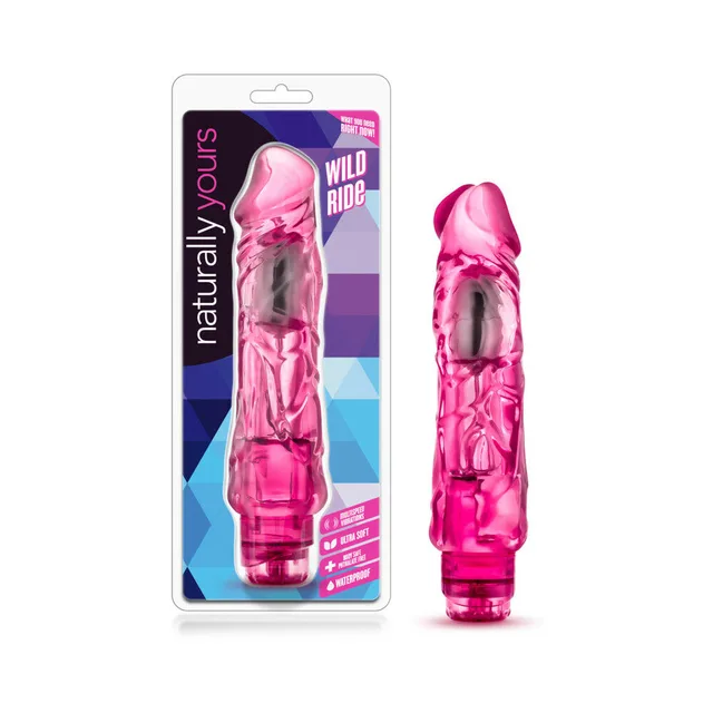 Hot pink Wild Ride vibrator beside Naturally Yours retail card
