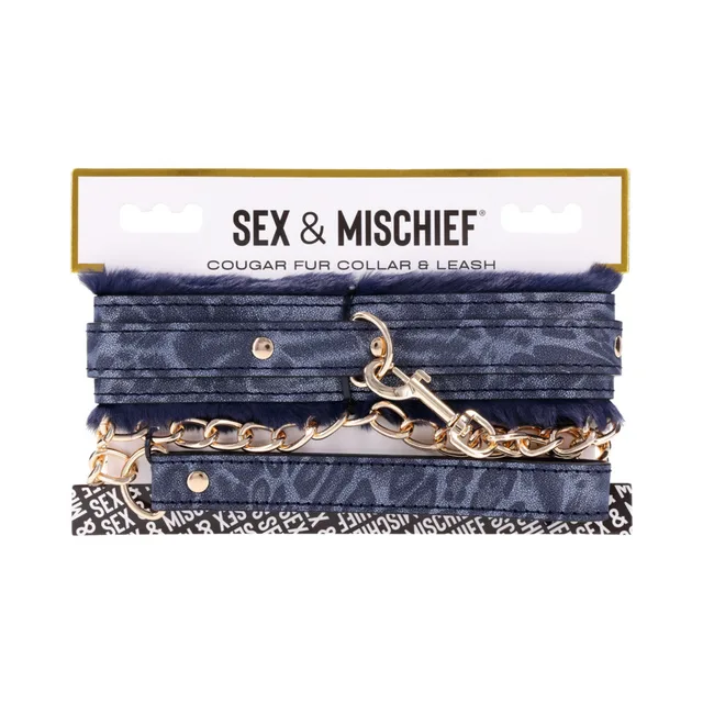 Sportsheets Cougar blue faux-fur collar and leash folded collar and gold chain mounted on retail card