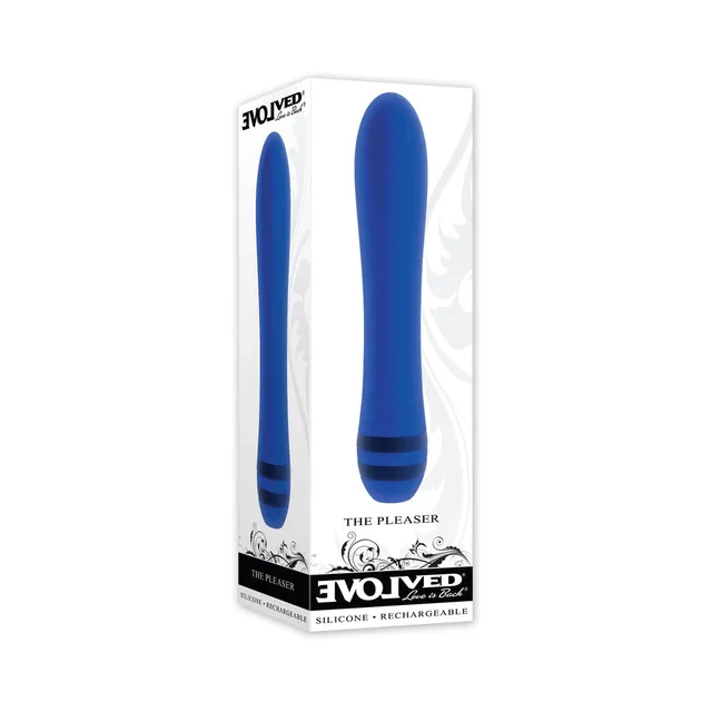 Evolved The Pleaser blue vibrator displayed in a white window box
