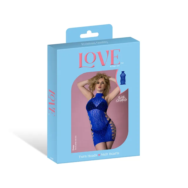 Magic Silk seamless blue cutout mini dress displayed in blue retail packaging