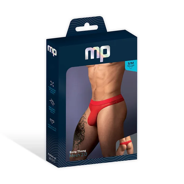 Male Power Mesh 2.0 Bong Thong in red size S/M displayed in a navy window retail box