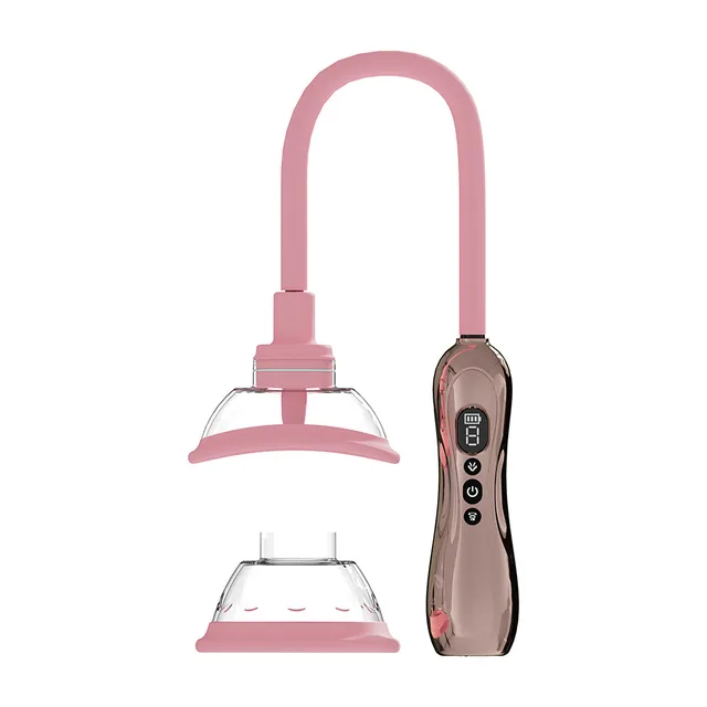 PUMPED rose-gold rechargeable pump with flanged attachment with curved pink tube clear cup and rose attachment