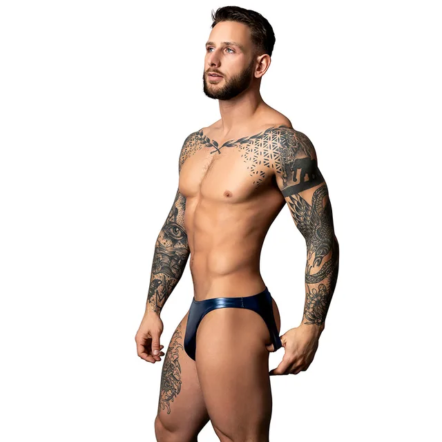 Male model wearing blue Liquid Onyx Moonshine jock brief size L/XL