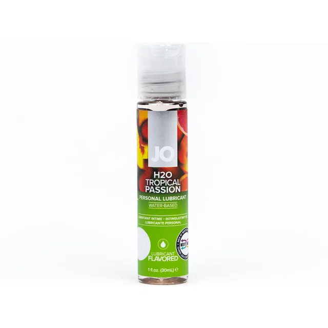 Front view of 1 oz JO H2O Tropical Passion bottle with silver cap and green label