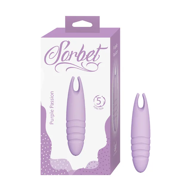 Light-purple Sorbet Purple Passion split-tip vibrator beside retail box
