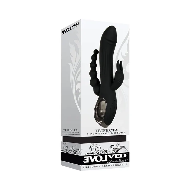 Evolved Trifecta black triple vibrator in tall retail box