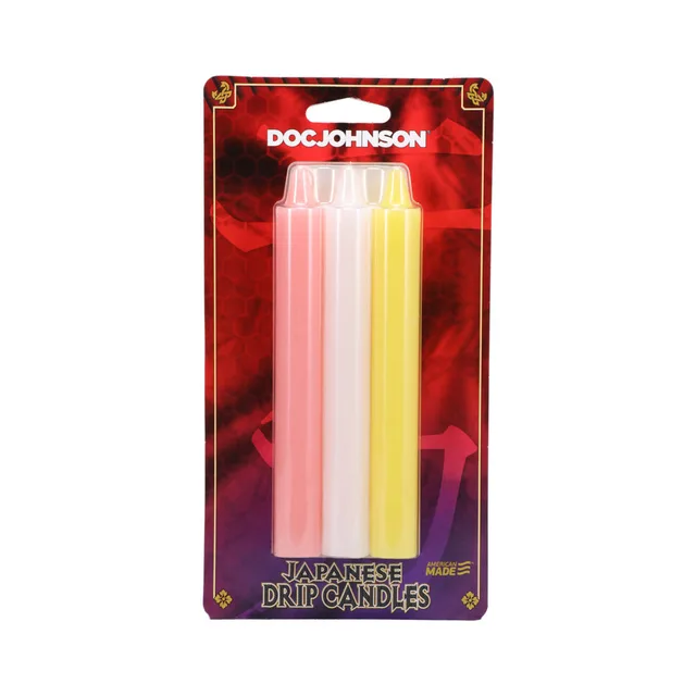 Doc Johnson Japanese Drip Candles pink, white and yellow candles in retail blister pack