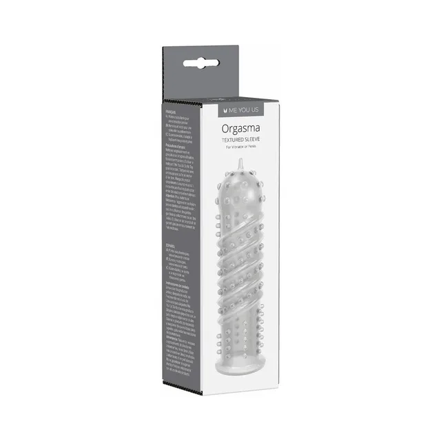 clear Me You Us Orgasma sleeve with spiral ribs and raised nubs displayed on box