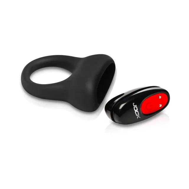 JOCK Hard-On black silicone remote c-ring full product view beside the separate remote