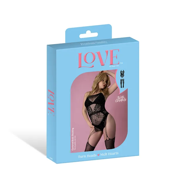 Magic Silk seamless black gartered bodystocking displayed in blue retail packaging
