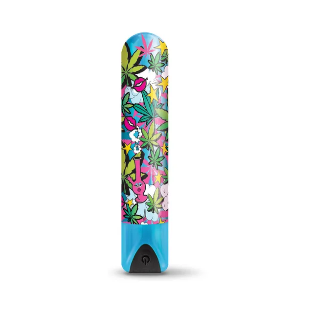 Front view of blue Stoner Chick bullet with cannabis print