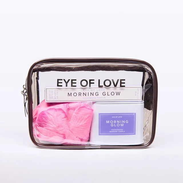 Eye of Love Morning Glow gift set roll-on, candle and pink petals inside clear pouch