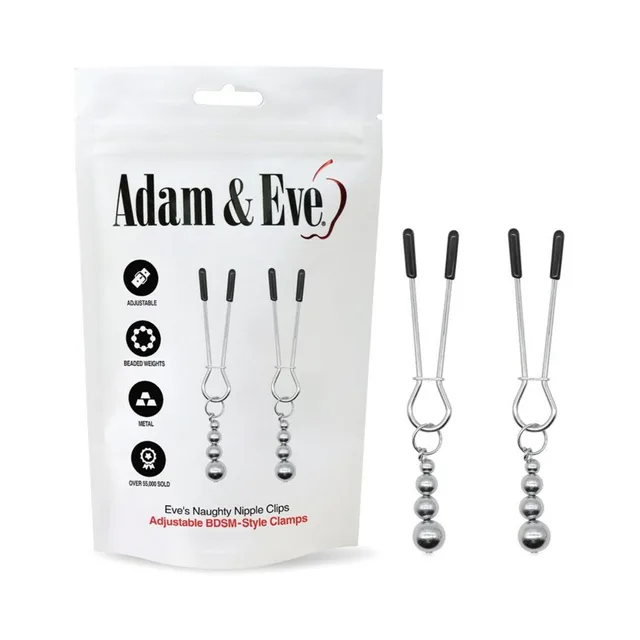 Adam & Eve silver weighted nipple clips pair beside white bag packaging