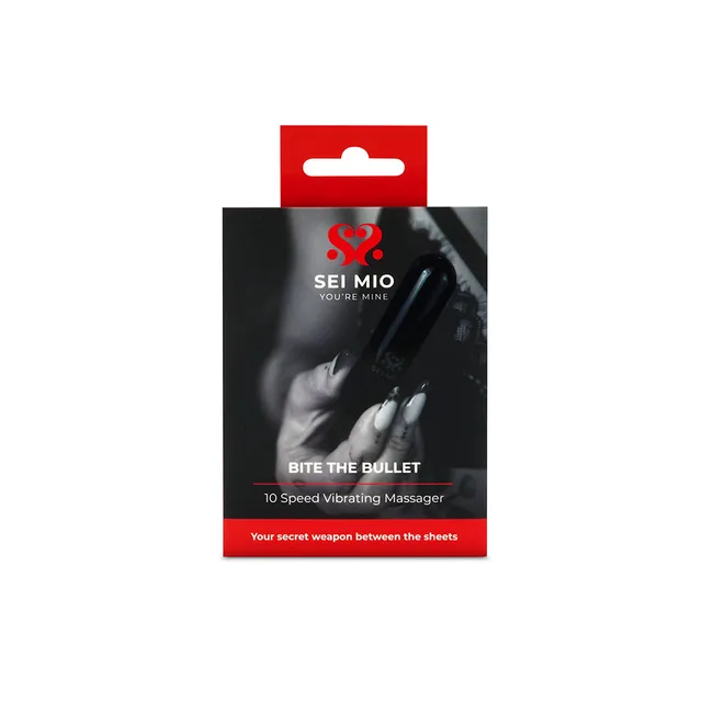SEI MIO Bite the Bullet massager in black-and-red retail package