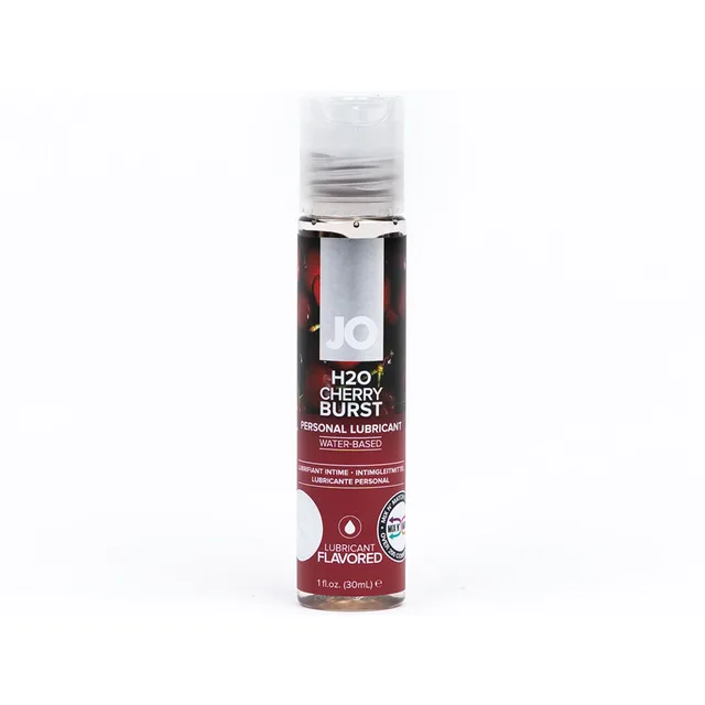 Front view of 1 oz JO H2O Cherry Burst bottle with silver cap and dark red label