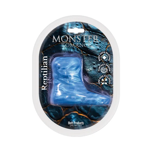 Blue Monster Romance Reptilian sleeve in oval package