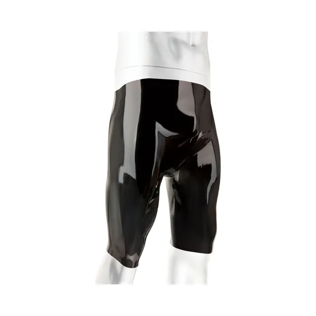 Front view of glossy black Prowler RED latex shorts XL