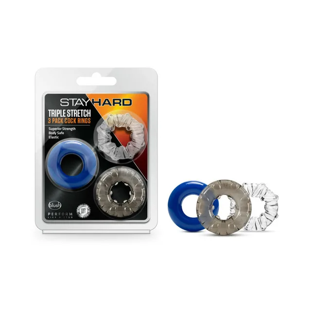 Assorted Stay Hard three-ring pack beside retail package