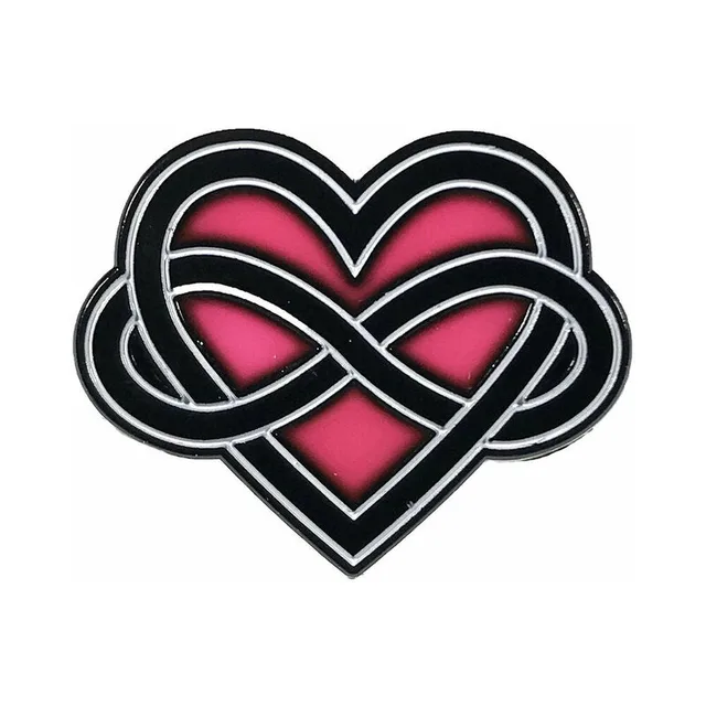 pink heart and silver infinity polyamory symbol enamel pin