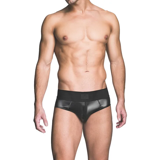 Model wearing Prowler RED XL assless brief from the front