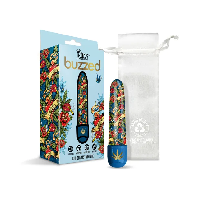 Buzzed Blue Dream mini vibrator with blue box and white pouch