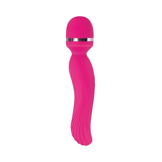 Adam & Eve Intimate Curves pink rechargeable wand front-left view of rounded head and curved handle