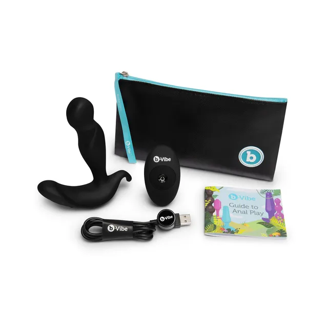 black b-Vibe 360 plug with remote magnetic charger pouch and guide