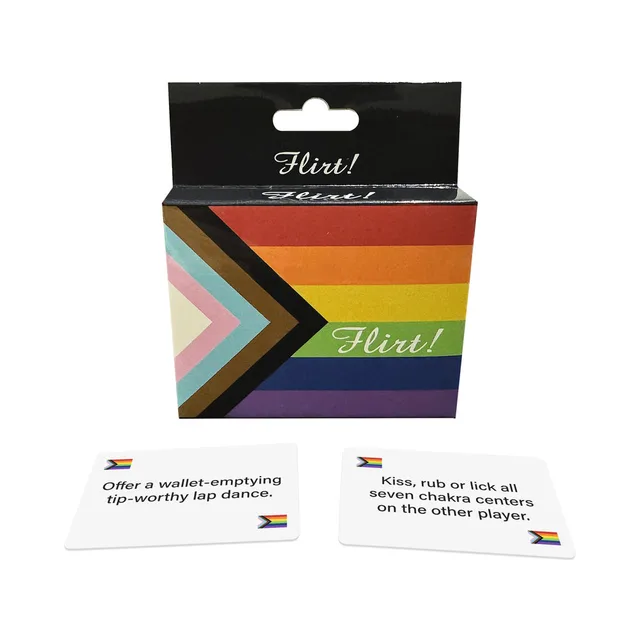 Flirt card game striped multicolor box with two sample action cards