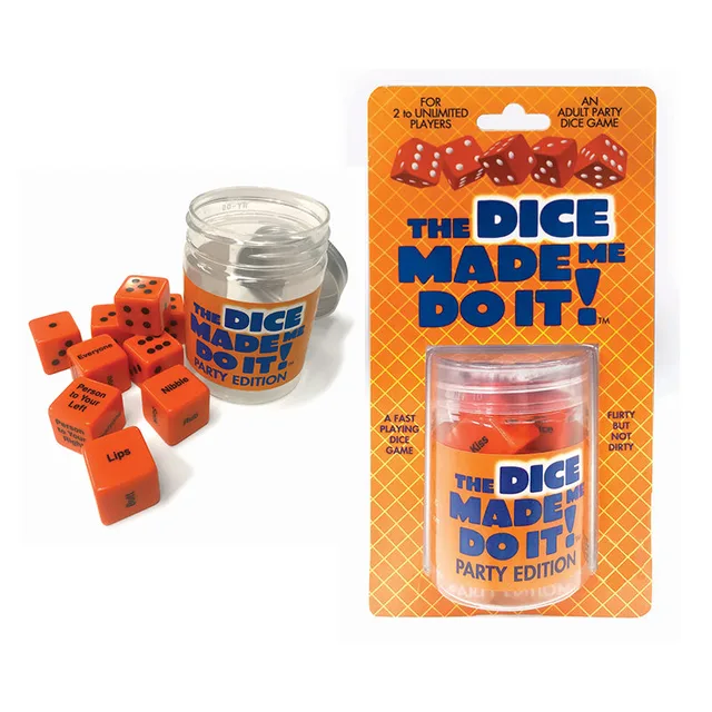 Orange Dice Made Me Do It Party Edition game and clear jar