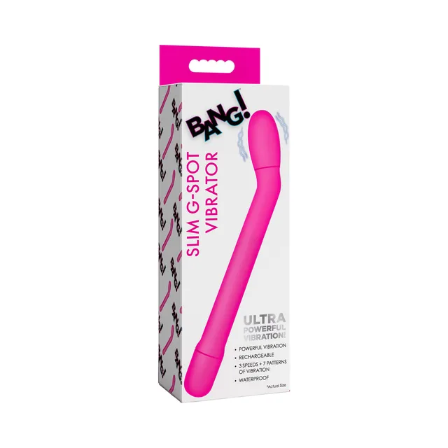 BANG pink slim curved vibrator in pink-and-white retail packaging