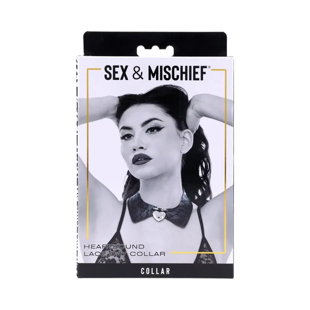 Sportsheets Heartbound black lace collar with silver heart lock in retail package