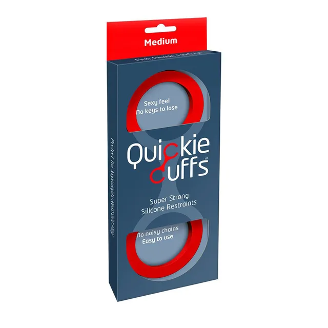 Medium red Quickie Cuffs in blue retail packaging