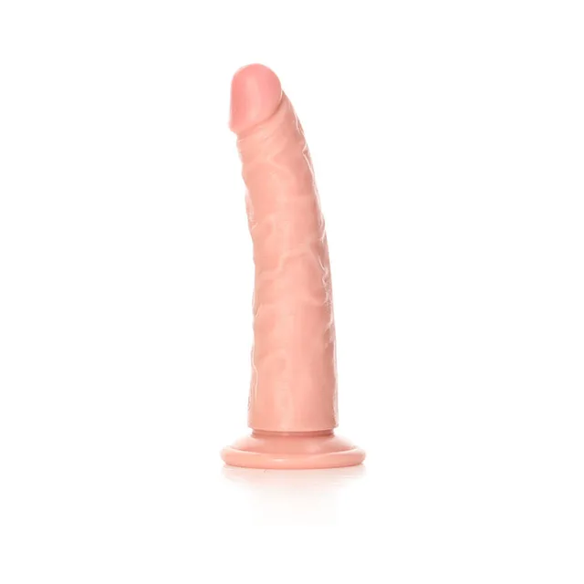 Front view of beige curved slim dildo and suction base