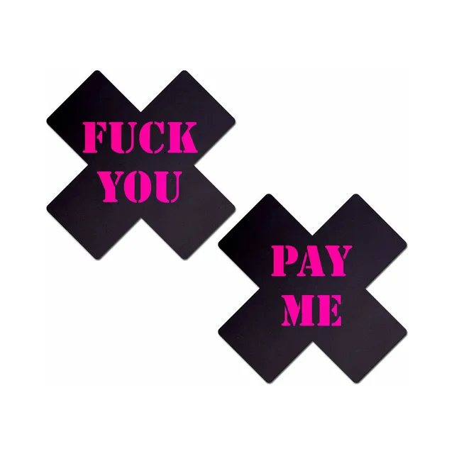 Pair of black cross pasties with hot-pink text