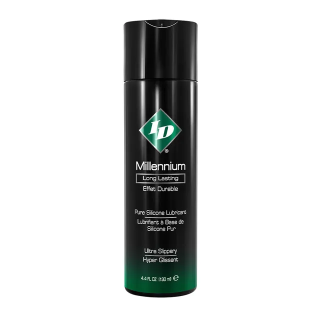 ID Millennium 4.4 oz silicone lubricant in black bottle with green label
