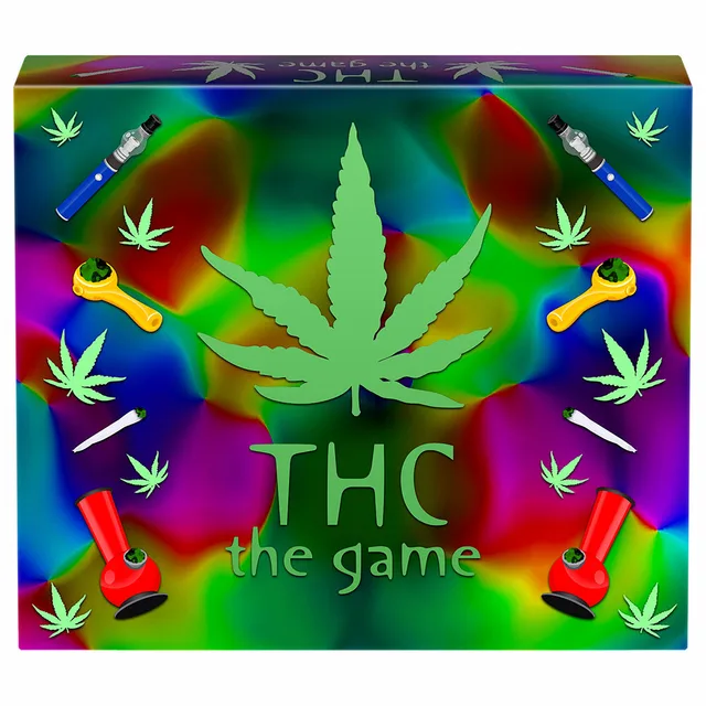 Kheper Games THC The Game square rainbow box with green leaf graphic