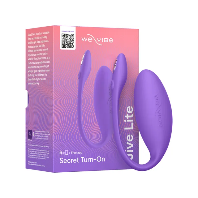purple We-Vibe Jive Lite egg vibrator with flexible arm beside pink and purple box