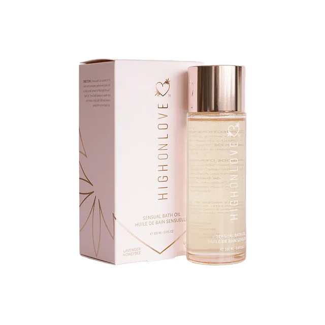 HighOnLove Lavender Honeybee bath oil in clear bottle beside pink carton
