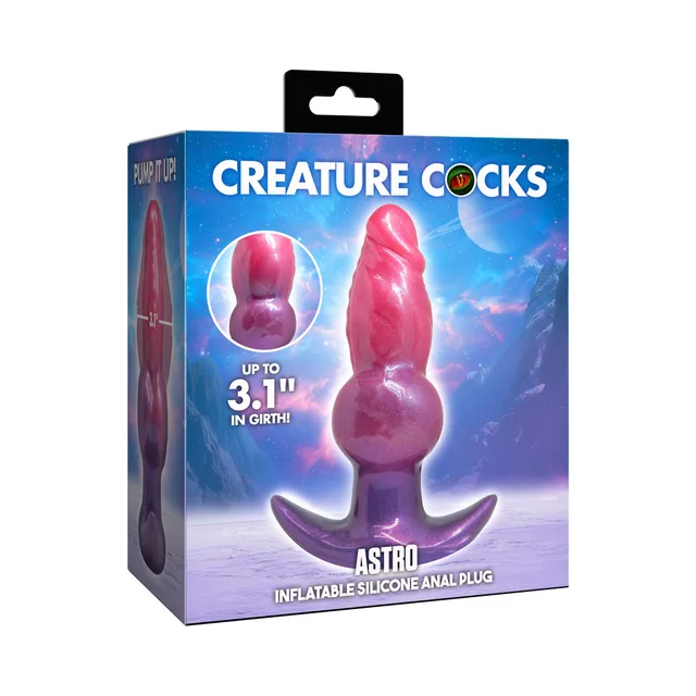 XR Brands Creature Cocks Astro inflatable anal plug retail box with pink and purple sculpted plug pictured