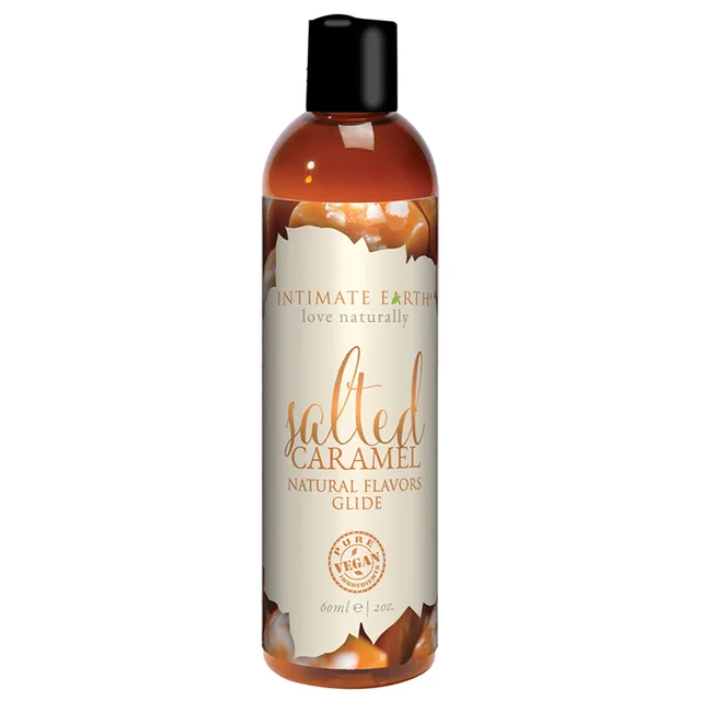 Intimate Earth Salted Caramel 2-ounce liquid upright bottle with black cap and cream caramel label