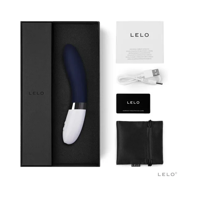 Blue LELO LIV 2 set with black box, cable, card and pouch