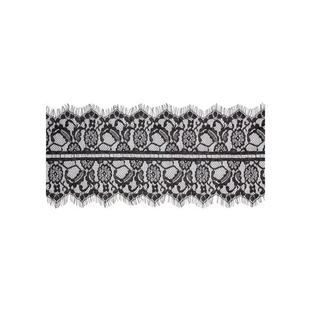 Full view of wide black floral lace blindfold