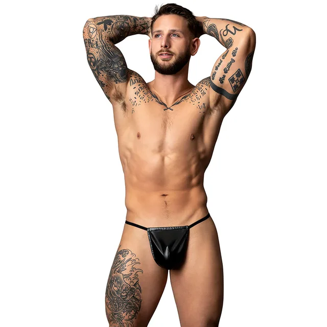 Male model wearing black Liquid Onyx posing strap one size