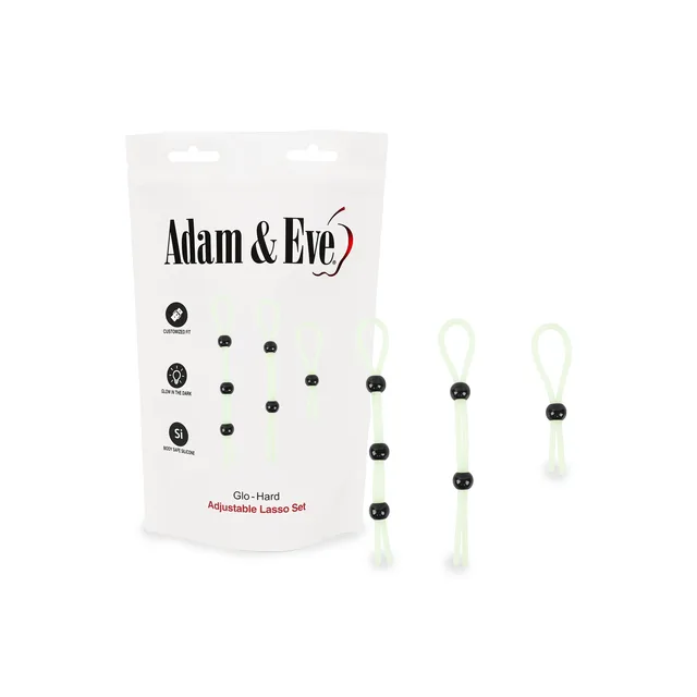 Adam and Eve Glo-Hard adjustable lasso set white retail pouch front