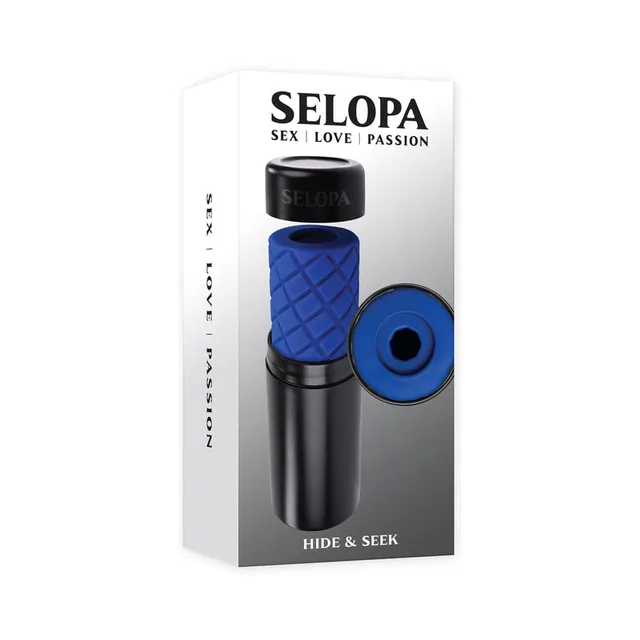Selopa Hide and Seek box with blue textured stroker and black canister