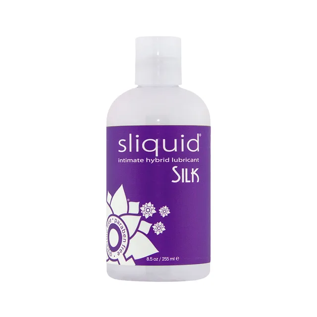 White 8.5 oz Sliquid Naturals Silk bottle with translucent cap and purple label