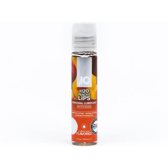 Front view of 1 oz JO H2O Peachy Lips bottle with silver cap and orange label